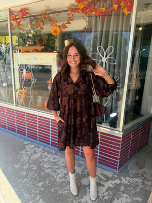 Umgee Brown Velvet Floral Texture Babydoll Mini Dress