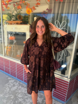 Umgee Brown Velvet Floral Texture Babydoll Mini Dress