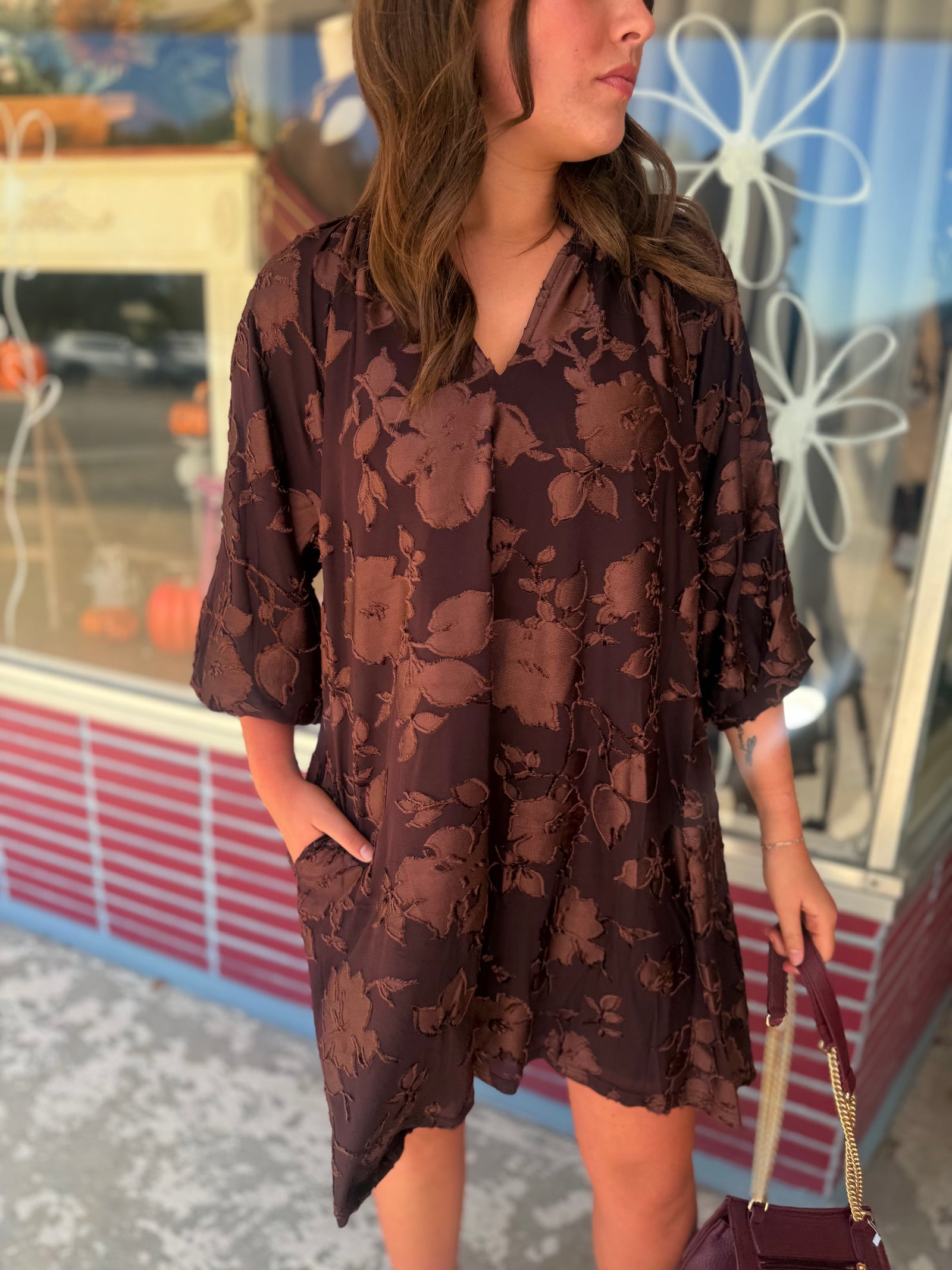 Umgee Brown Velvet Floral Texture Babydoll Mini Dress
