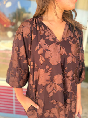 Umgee Brown Velvet Floral Texture Babydoll Mini Dress