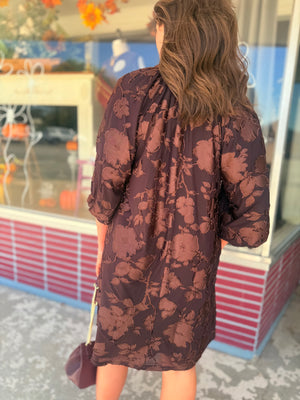 Umgee Brown Velvet Floral Texture Babydoll Mini Dress
