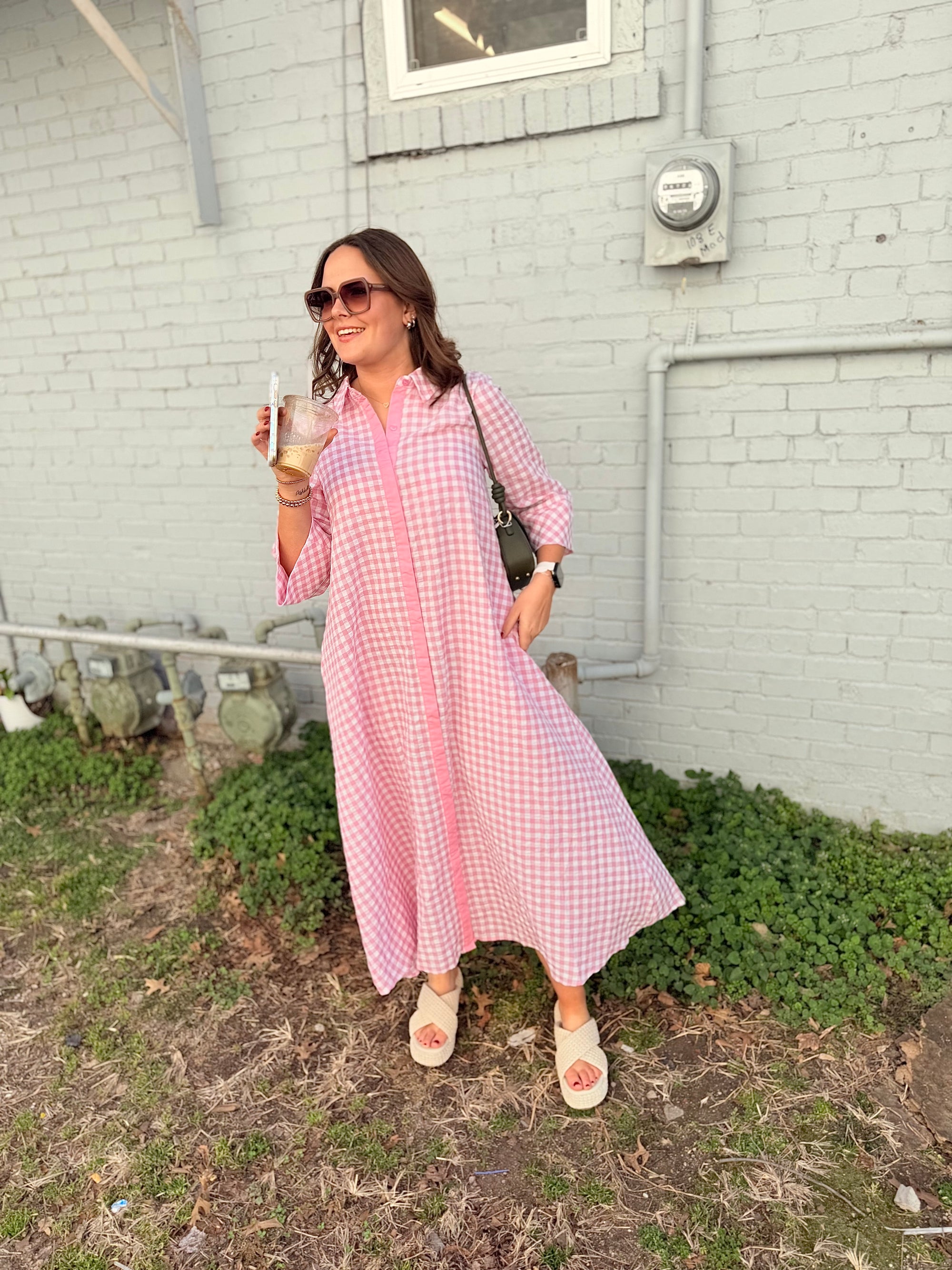 midi gingham dress Entro Pink Gingham Quarter Sleeve Midi Dress