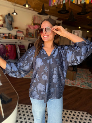Umgee Navy Textured Floral Balloon Sleeve Blouse