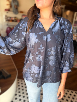 Umgee Navy Textured Floral Balloon Sleeve Blouse