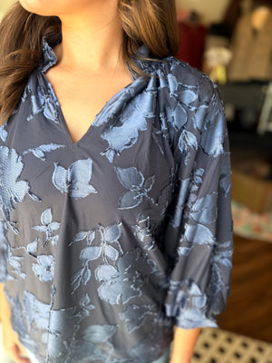 Umgee Navy Textured Floral Balloon Sleeve Blouse