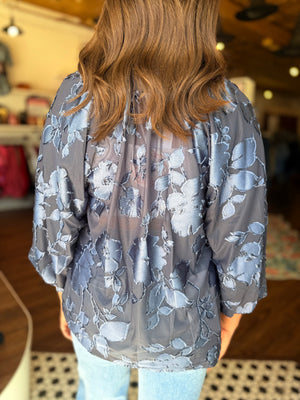 Umgee Navy Textured Floral Balloon Sleeve Blouse