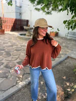 She + Sky Rust Scallop Hem Sweater w/ Cream Trim
