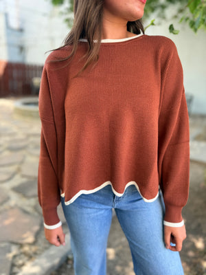 She + Sky Rust Scallop Hem Sweater w/ Cream Trim