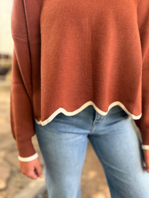 She + Sky Rust Scallop Hem Sweater w/ Cream Trim