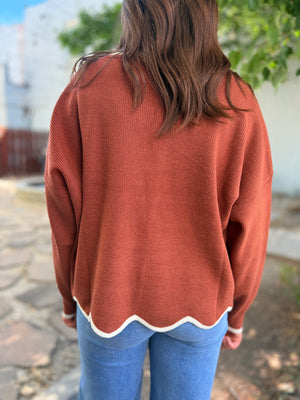 She + Sky Rust Scallop Hem Sweater w/ Cream Trim