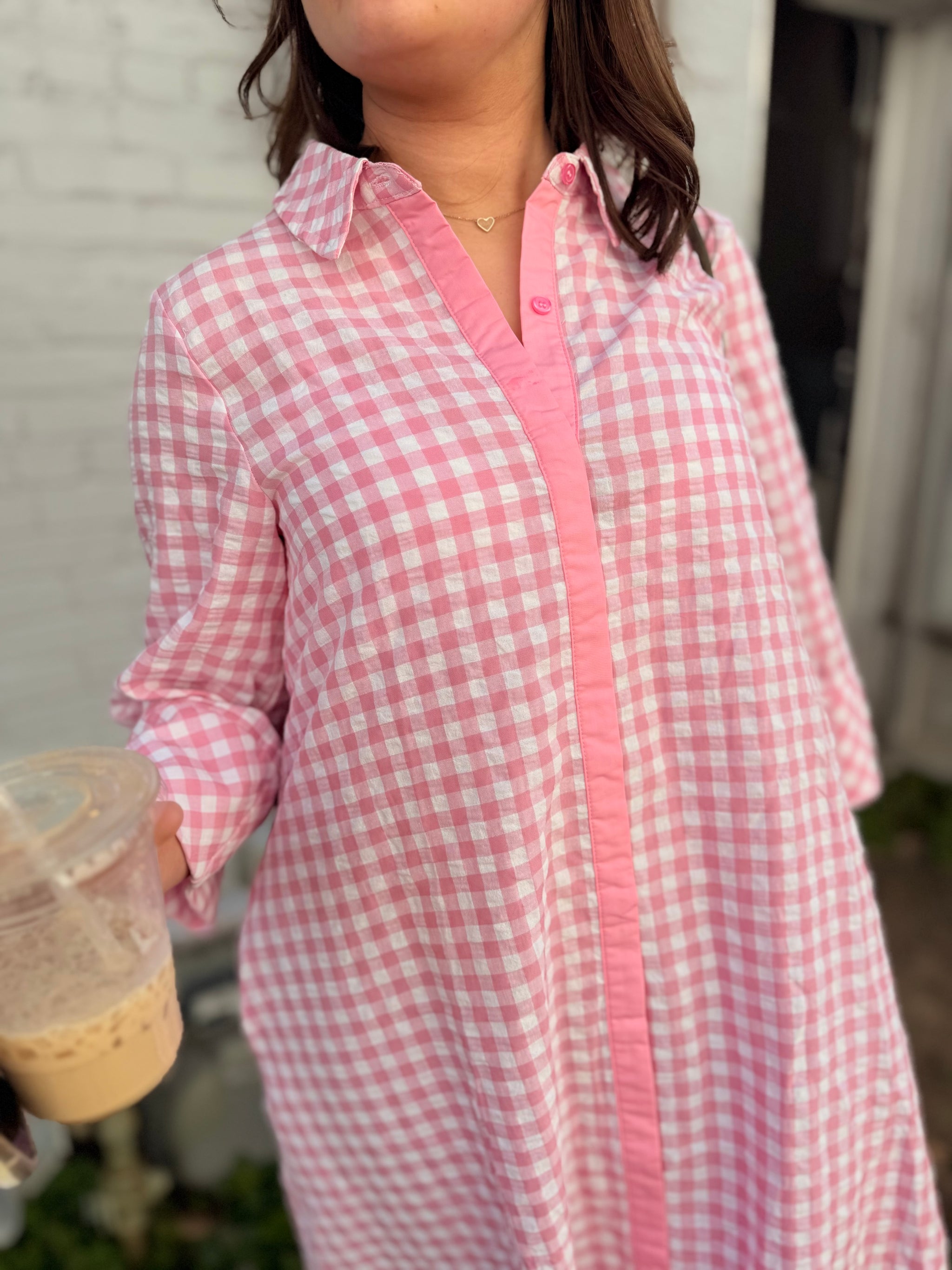 Entro Pink Gingham Quarter Sleeve Midi Dress Entro Pink Gingham Quarter Sleeve Midi Dress