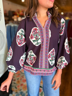 Umgee Plum Boho Floral Print Tunic Top