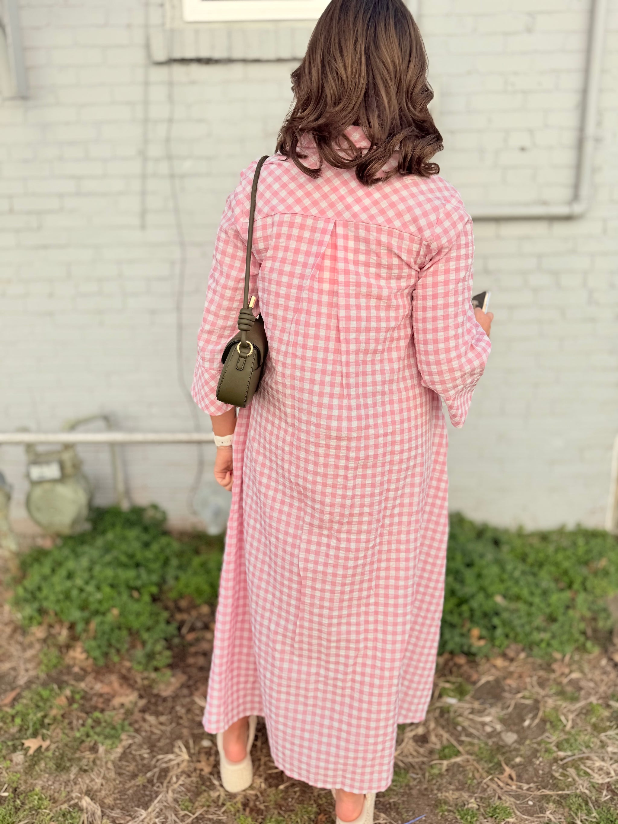 Entro Pink Gingham Quarter Sleeve Midi Dress Entro Pink Gingham Quarter Sleeve Midi Dress