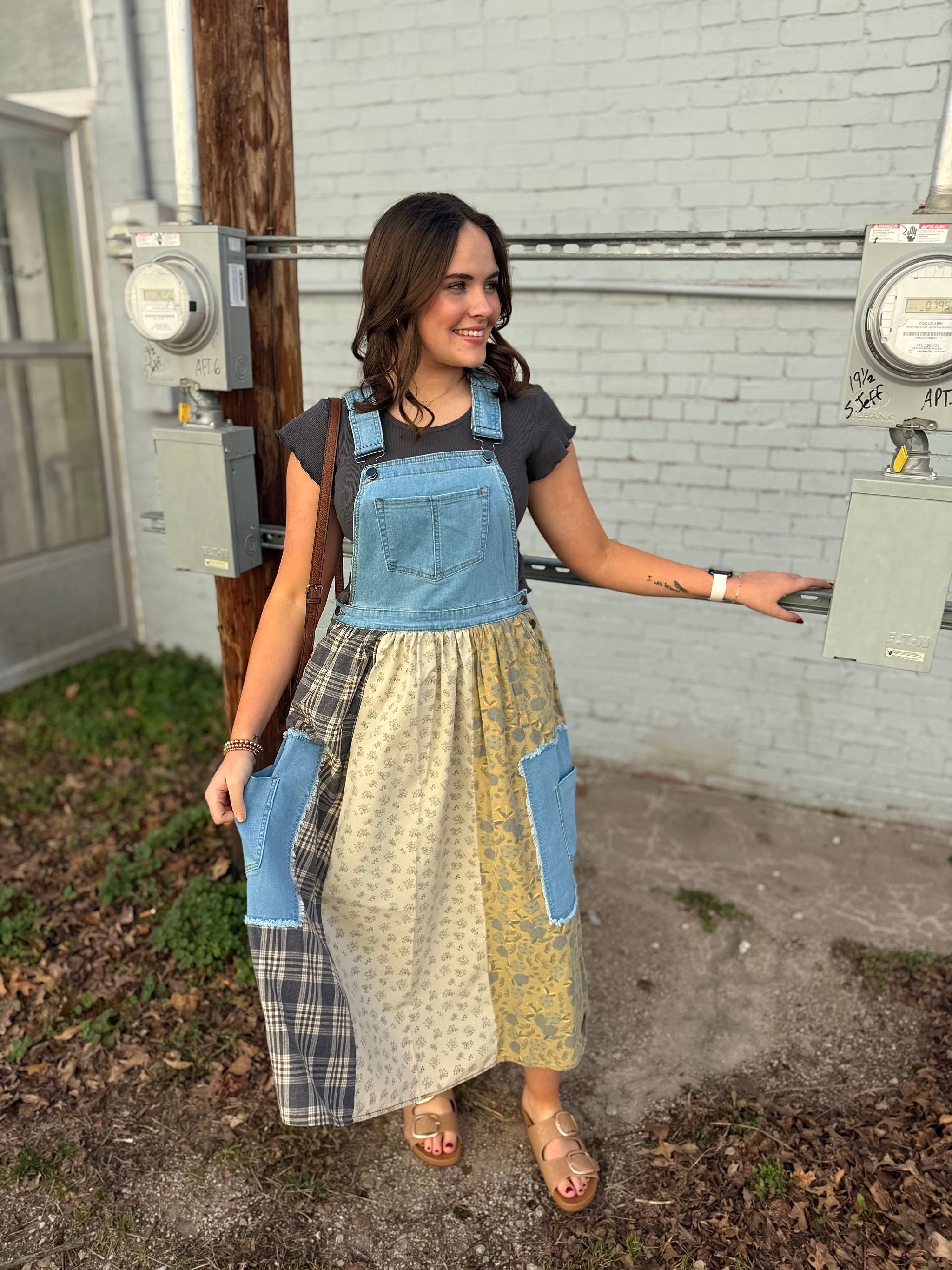 Easel Washed Denim Patchwork Overall Dress