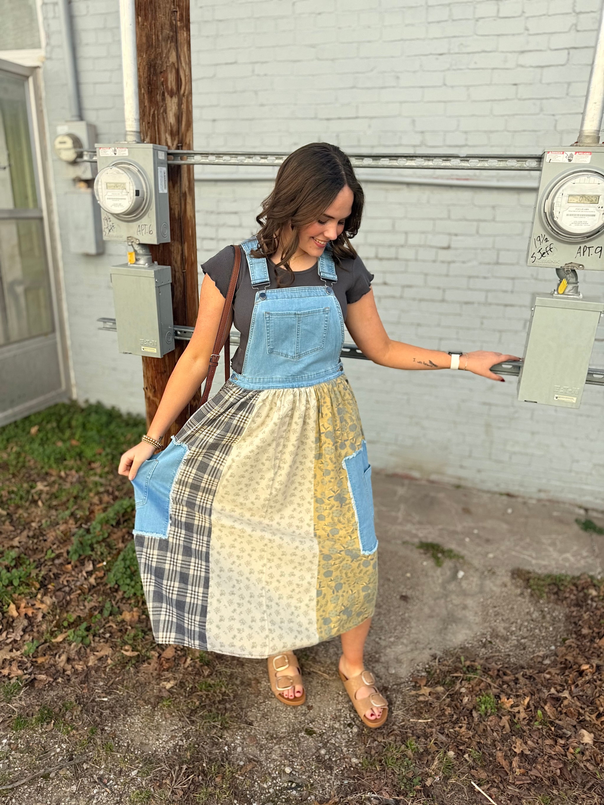 Easel Washed Denim Patchwork Overall Dress