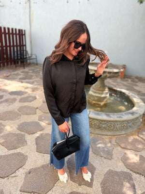 She + Sky Black Satin Long Sleeve Blouse w/ Gold Buttons