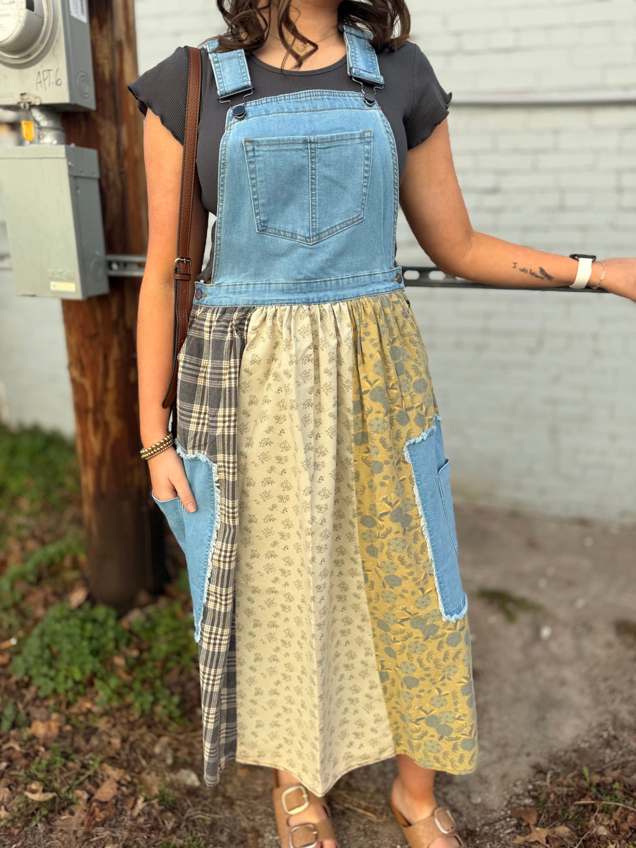 Easel Washed Denim Patchwork Overall Dress