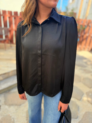 She + Sky Black Satin Long Sleeve Blouse w/ Gold Buttons