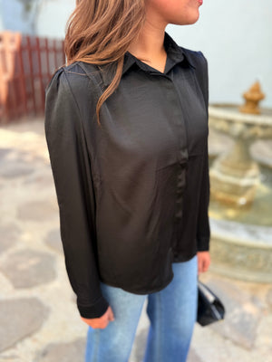 She + Sky Black Satin Long Sleeve Blouse w/ Gold Buttons
