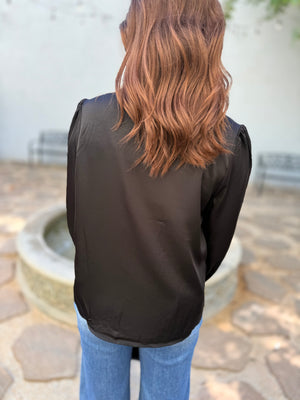 She + Sky Black Satin Long Sleeve Blouse w/ Gold Buttons