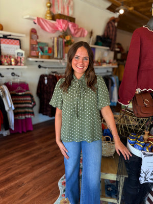 She + Sky Olive Polka Dot Short Puff Sleeve Top w/ Neck Bow