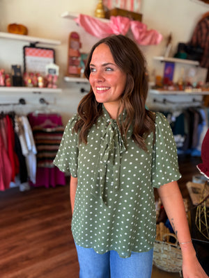 She + Sky Olive Polka Dot Short Puff Sleeve Top w/ Neck Bow