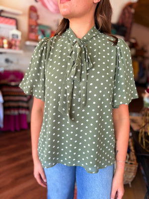 She + Sky Olive Polka Dot Short Puff Sleeve Top w/ Neck Bow