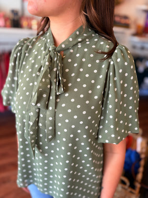 She + Sky Olive Polka Dot Short Puff Sleeve Top w/ Neck Bow