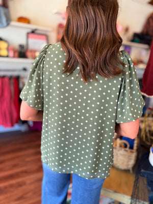 She + Sky Olive Polka Dot Short Puff Sleeve Top w/ Neck Bow