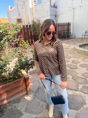She + Sky Olive Long Sleeve Satin Blouse w/ Blush Polka Dots