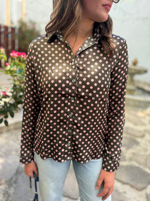 She + Sky Olive Long Sleeve Satin Blouse w/ Blush Polka Dots