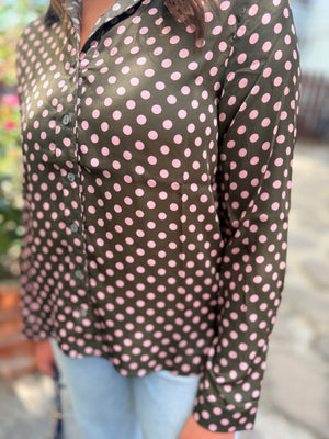 She + Sky Olive Long Sleeve Satin Blouse w/ Blush Polka Dots
