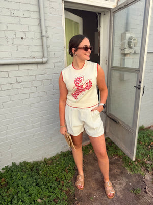 Entro Cream Plaid Lobster Knit Sleeveless Sweater