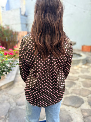 She + Sky Olive Long Sleeve Satin Blouse w/ Blush Polka Dots