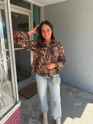 She + Sky Brown Long Sleeve Floral Print Blouse