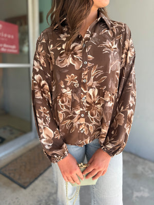 She + Sky Brown Long Sleeve Floral Print Blouse