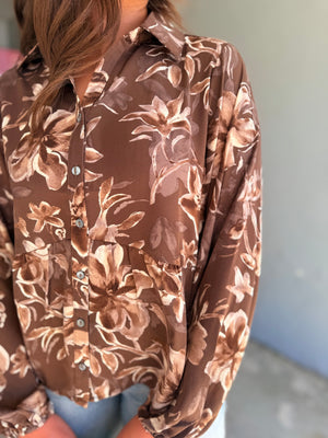She + Sky Brown Long Sleeve Floral Print Blouse