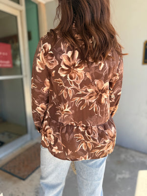She + Sky Brown Long Sleeve Floral Print Blouse