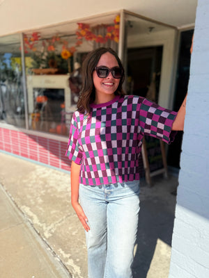 She + Sky Magenta & Teal Checkered Short Sleeve Knit Top