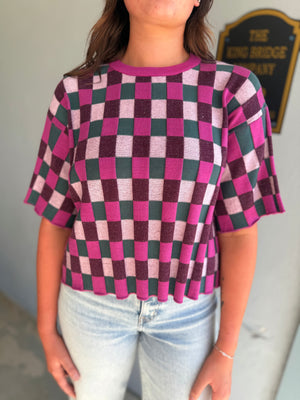 She + Sky Magenta & Teal Checkered Short Sleeve Knit Top