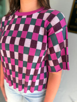 She + Sky Magenta & Teal Checkered Short Sleeve Knit Top