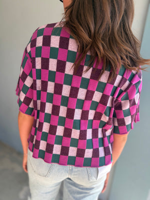 She + Sky Magenta & Teal Checkered Short Sleeve Knit Top
