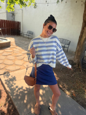 Le Lis White + Blue Stripe Knit Sweater