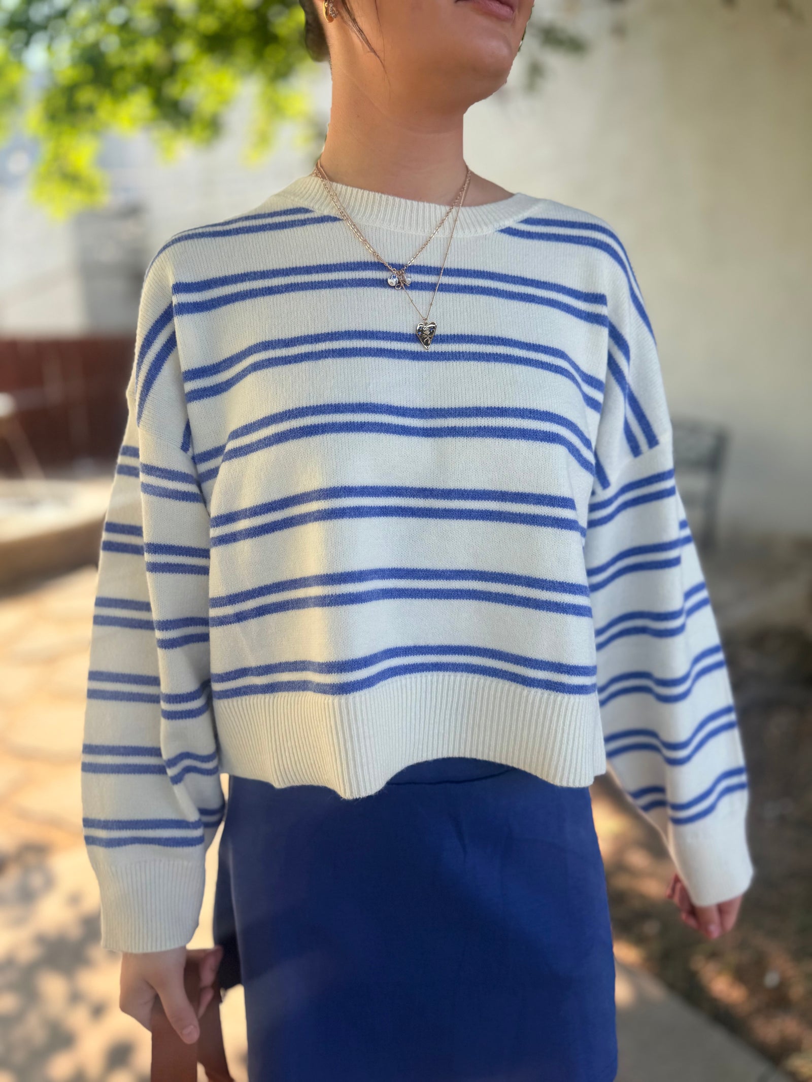 Le Lis White + Blue Stripe Knit Sweater