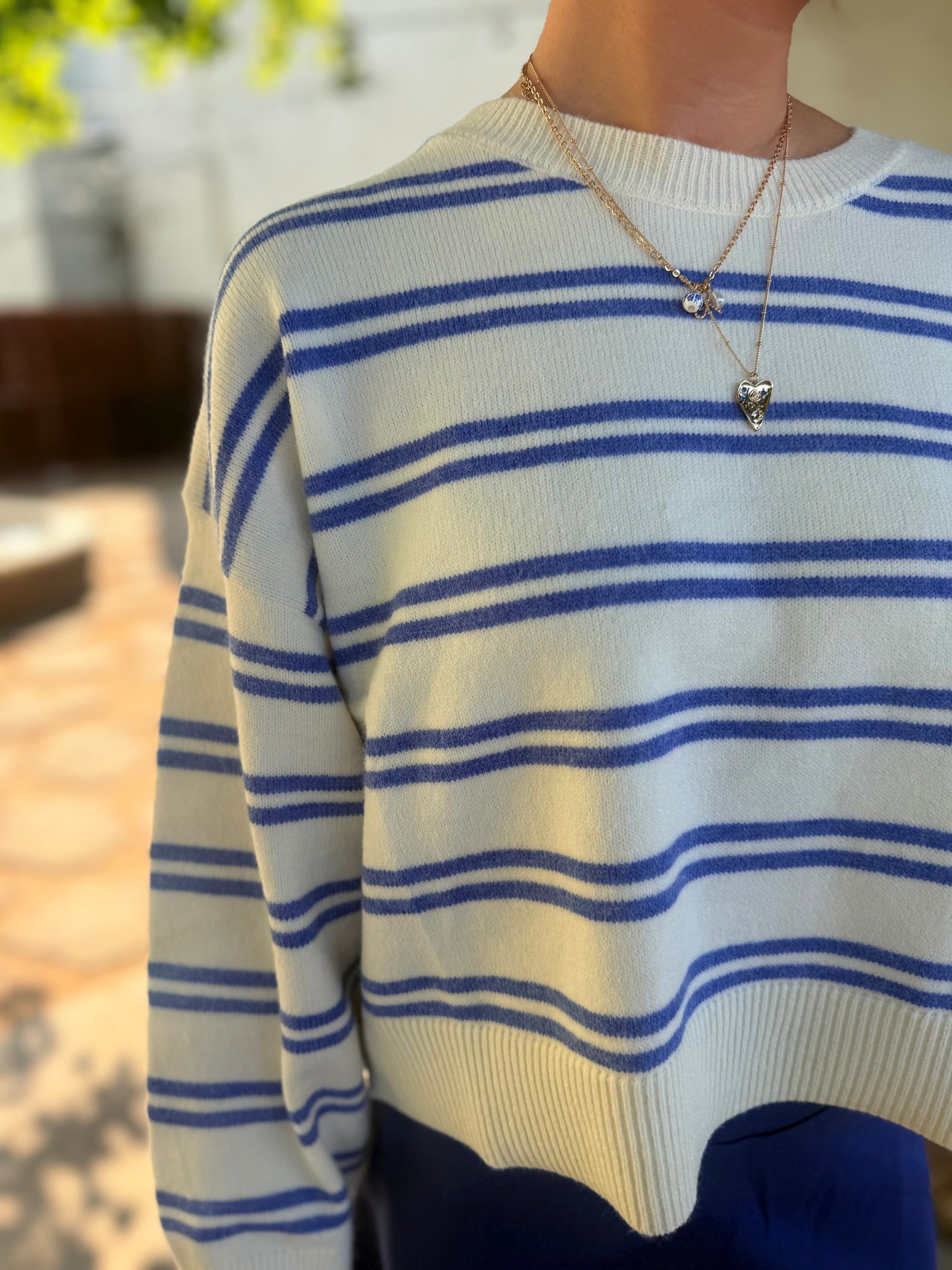 Le Lis White + Blue Stripe Knit Sweater