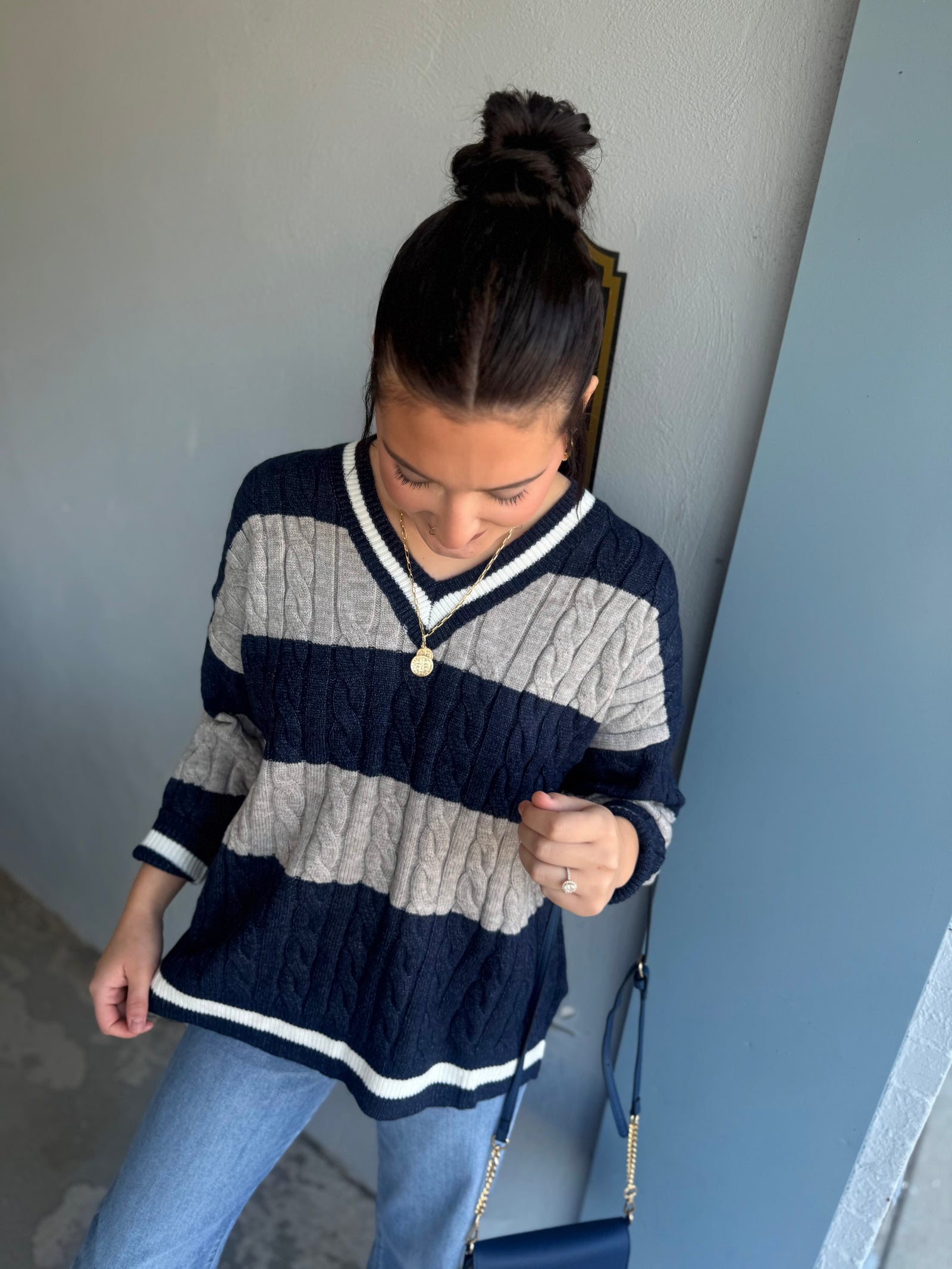 She + Sky Navy & Grey V-Neck Striped Cable Knit Sweater
