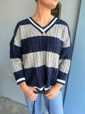 She + Sky Navy & Grey V-Neck Striped Cable Knit Sweater