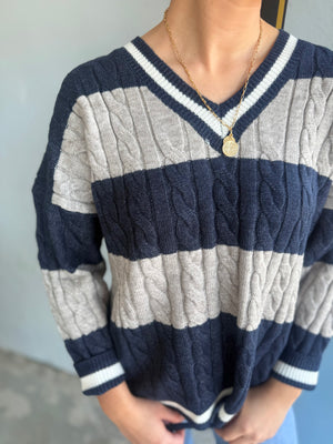 She + Sky Navy & Grey V-Neck Striped Cable Knit Sweater