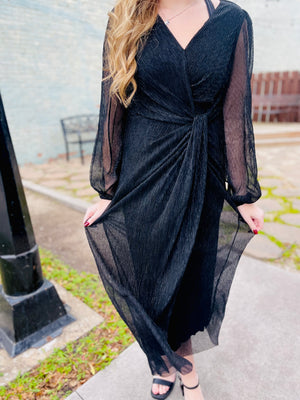 Black Wrap Long Sleeve Glittered Maxi Dress