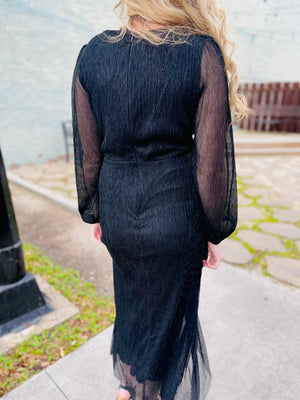 Black Wrap Long Sleeve Glittered Maxi Dress